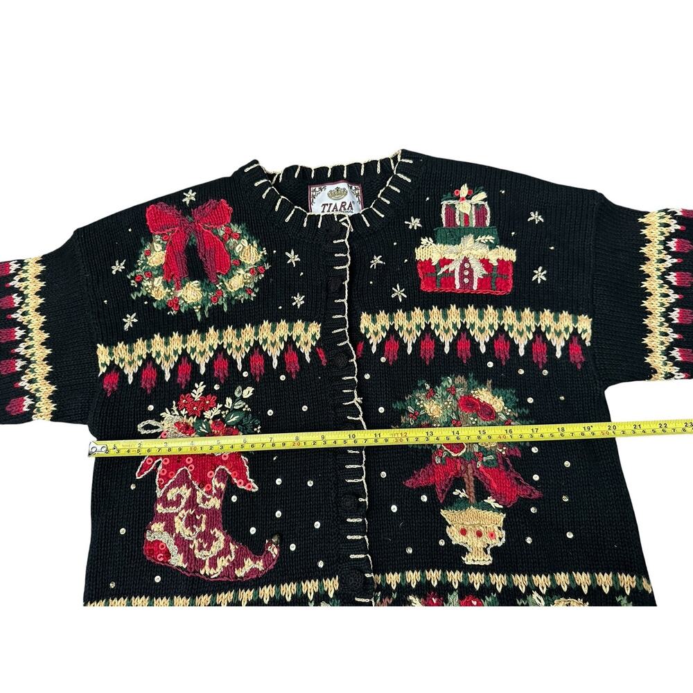 Vintage Christmas Embroidered Medium Cardigan Sweater Tiara International VTG - Picture 3 of 6